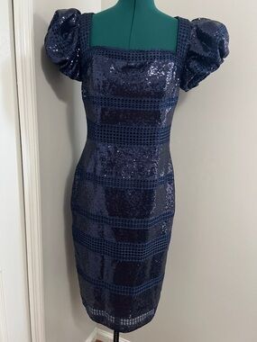 Jovani Navy Blue Sequin Puff-Sleeve Mini Dress